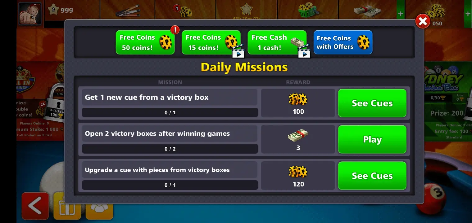 8 Ball Pool daily missions screen on PC showing cue upgrade and victory box rewards